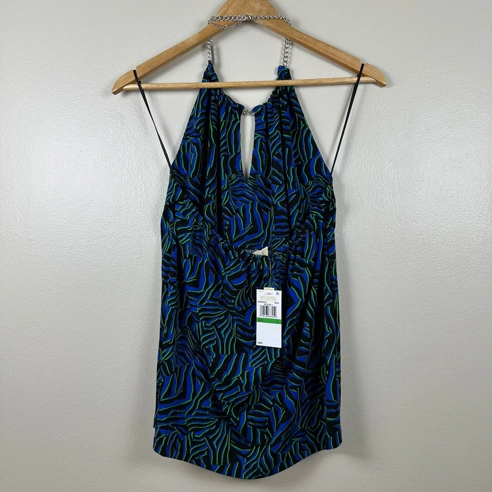 Michael Kors Women's L Halter Top Royal Blue Green Chain Neck Keyhole‎ NEW